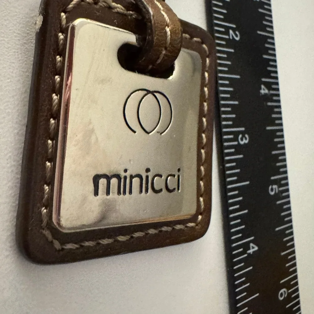 Minicci Keychain Key Ring Brown Leather Silver Tone Logo‎ Keyfob